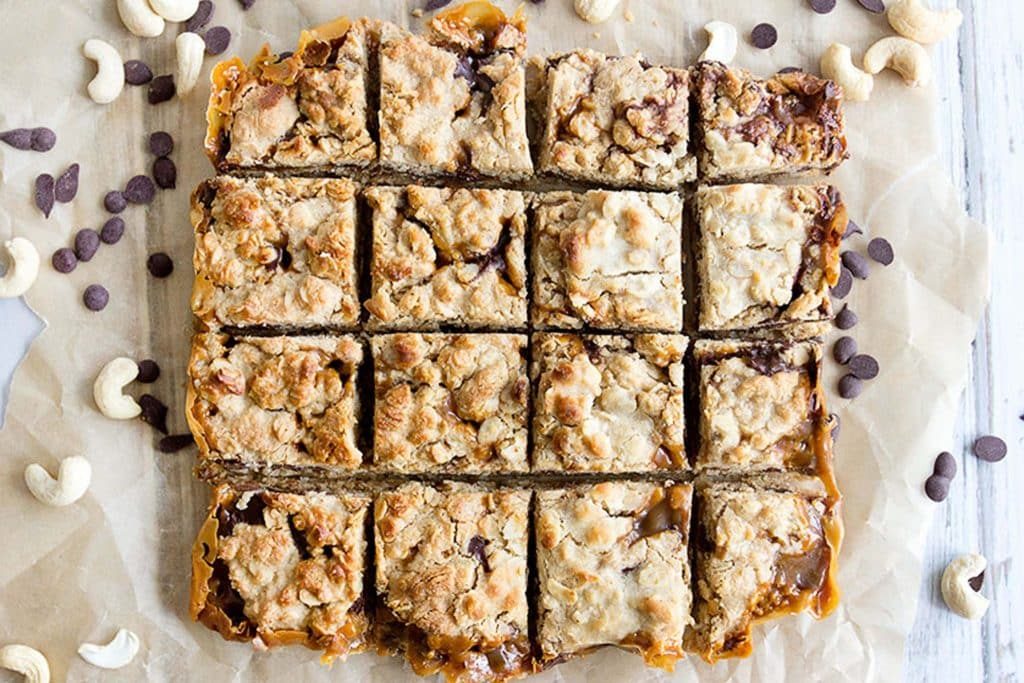 Chocolate oat cashew butter caramel squares