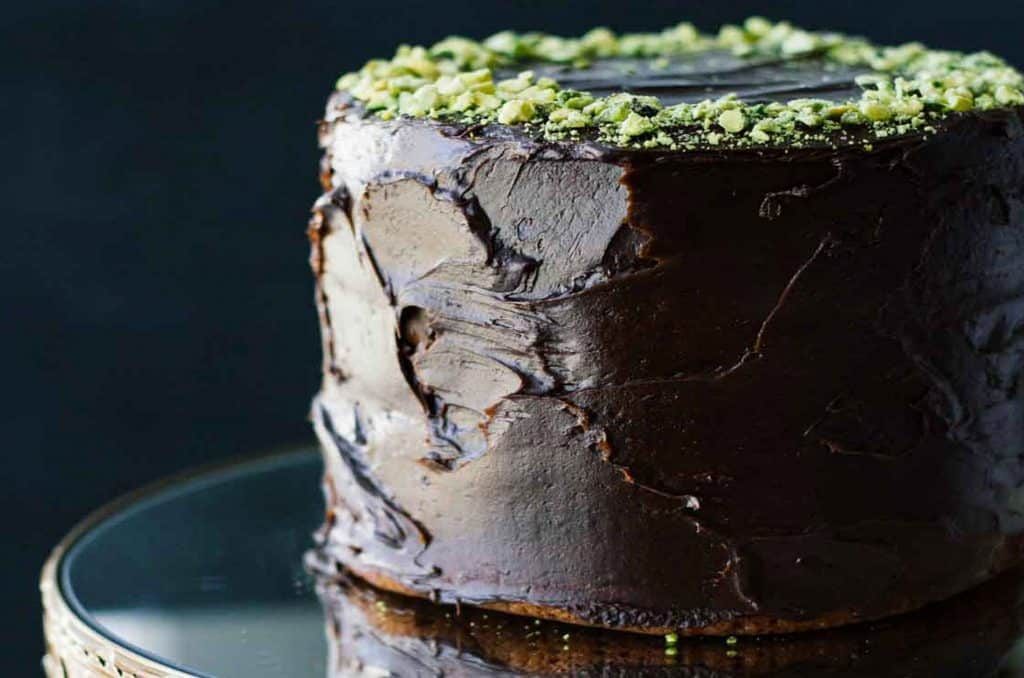 Healthy chocolate cake with tahini chocolate icing